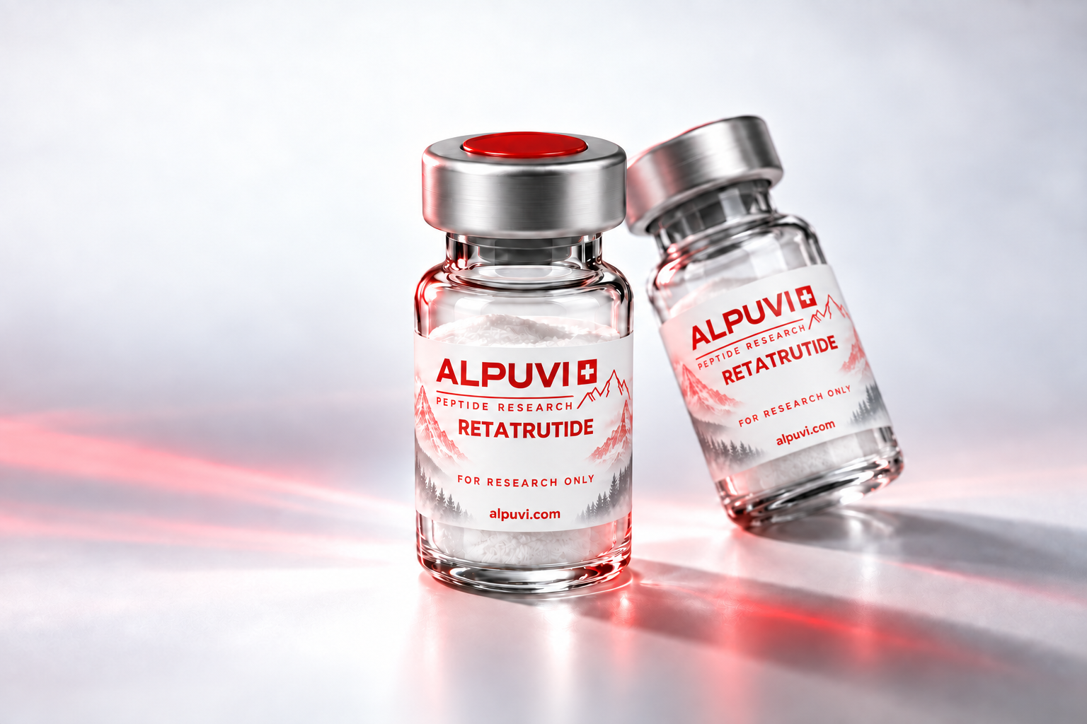 Alpuvi retatrutide vial label visualization with red and silver caps